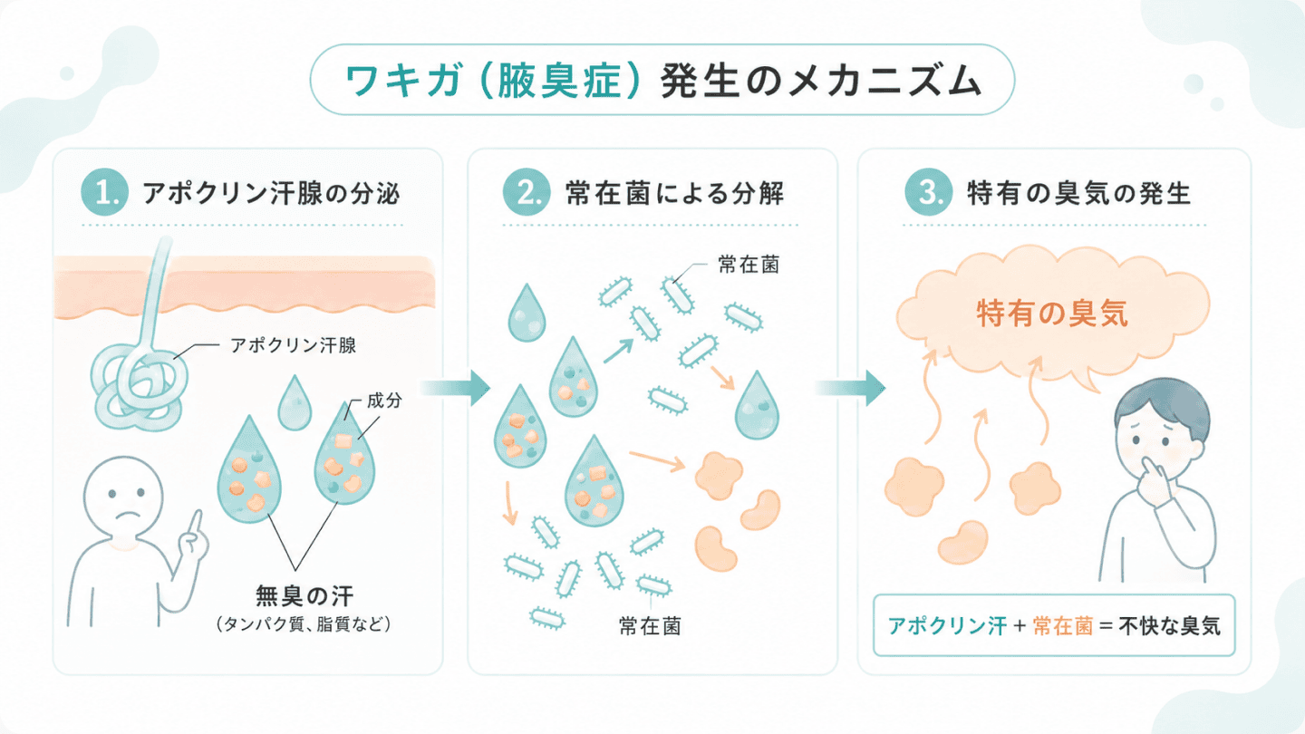 図2. アポクリン汗腺の汗が皮膚常在菌に分解され、ワキガ臭が発生するまでの過程